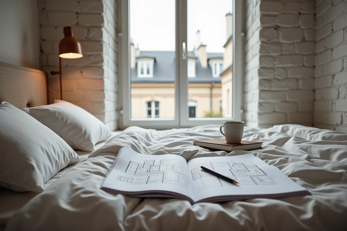 Chambre de petit appartement parisien avec plan d'architecte posé sur le lit, illustrant la réglementation sur la taille minimale des pièces