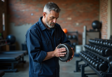 Technicien en tenue de travail examine haltère en fonte