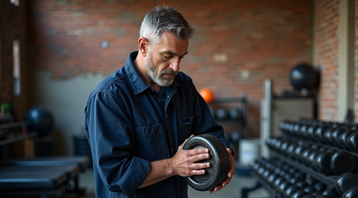 Technicien en tenue de travail examine haltère en fonte