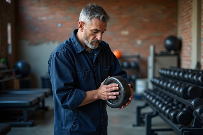Technicien en tenue de travail examine haltère en fonte