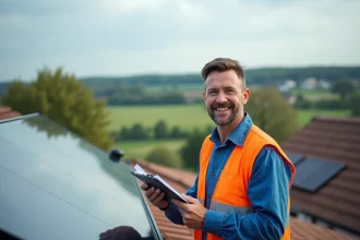 Technicien inspectant un panneau solaire thermique sur un toit