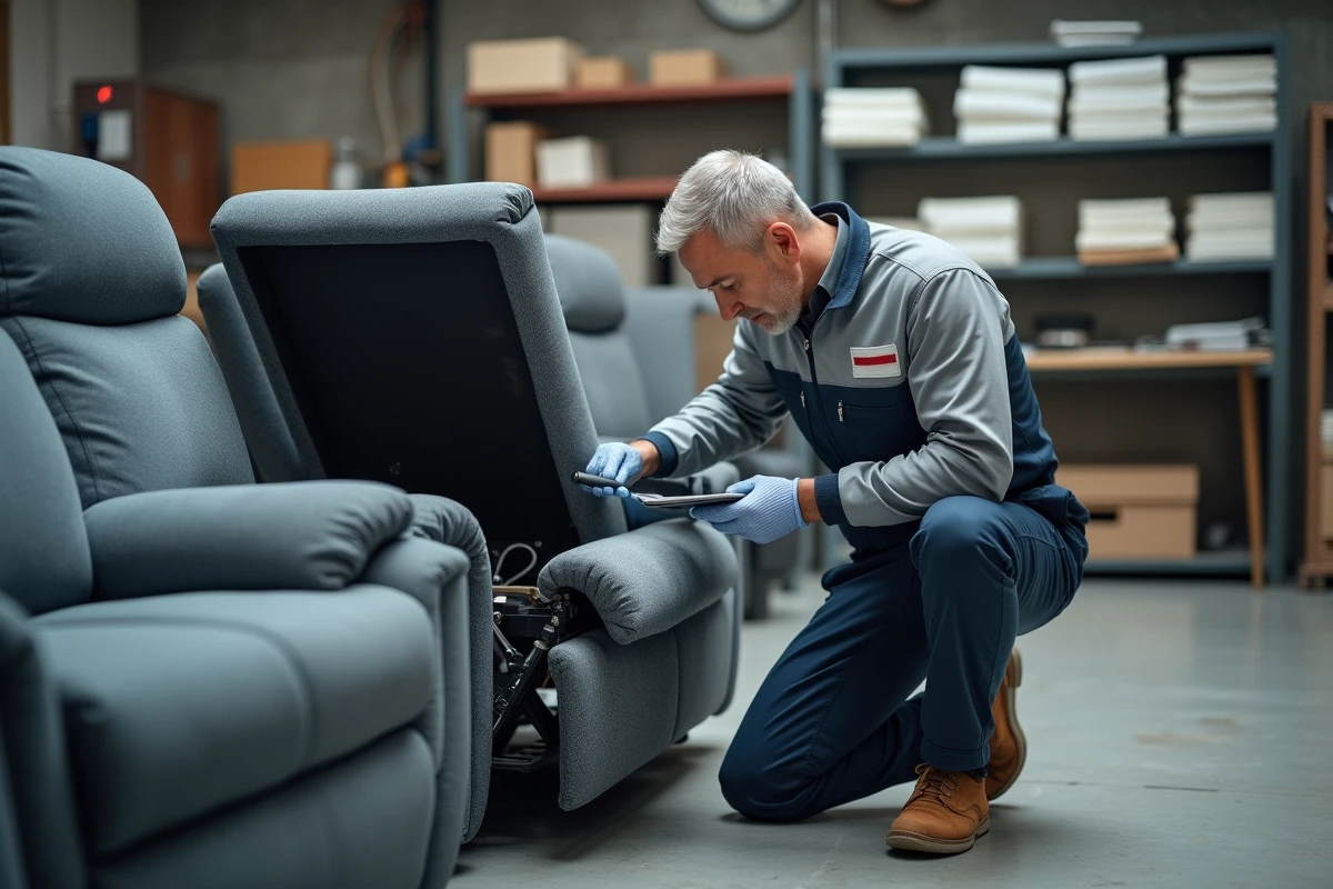 Technicien SAV inspectant le mécanisme d'un canapé relax en atelier de réparation Poltrone et Sofa