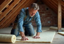 Isolation des combles en 2025 : les meilleures solutions pour votre habitat ! Homme en vêtements de travail posant de la laine mineral dans un grenier