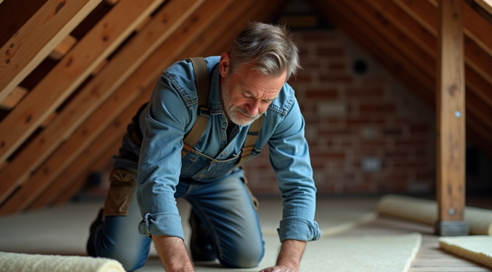 Homme en vêtements de travail posant de la laine mineral dans un grenier