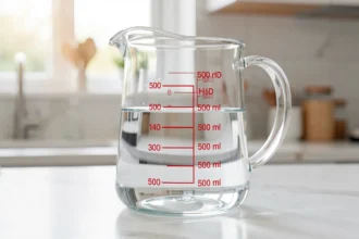 Un verre doseur rempli de 500 ml d'eau sur un plan de travail de cuisine