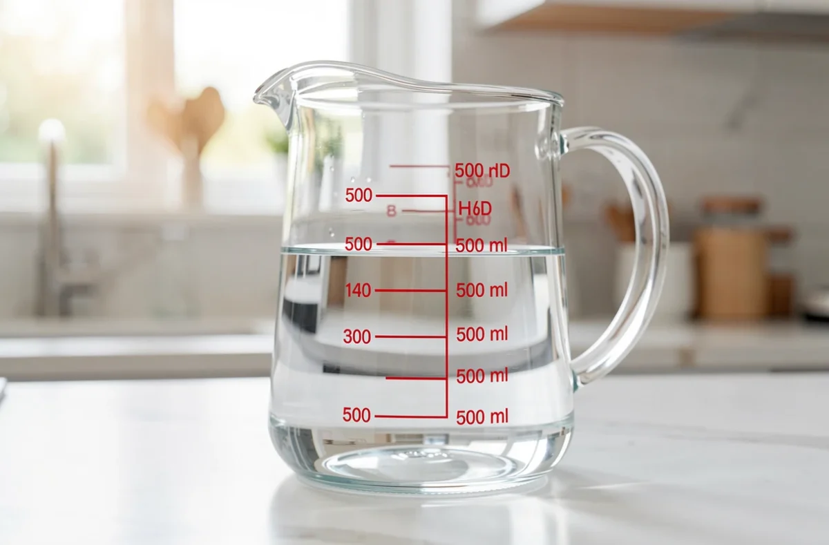 Un verre doseur rempli de 500 ml d'eau sur un plan de travail de cuisine