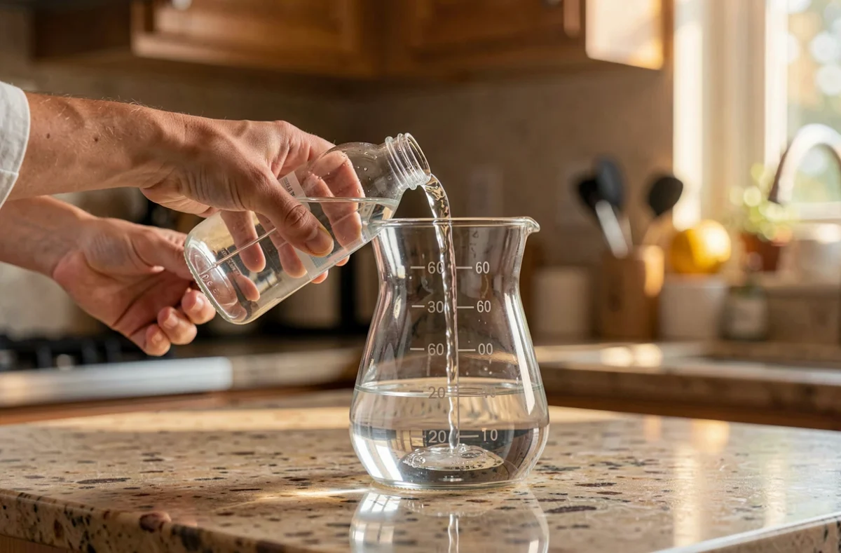 Une bouteille de 50 cl vidée dans un pichet gradué à la main