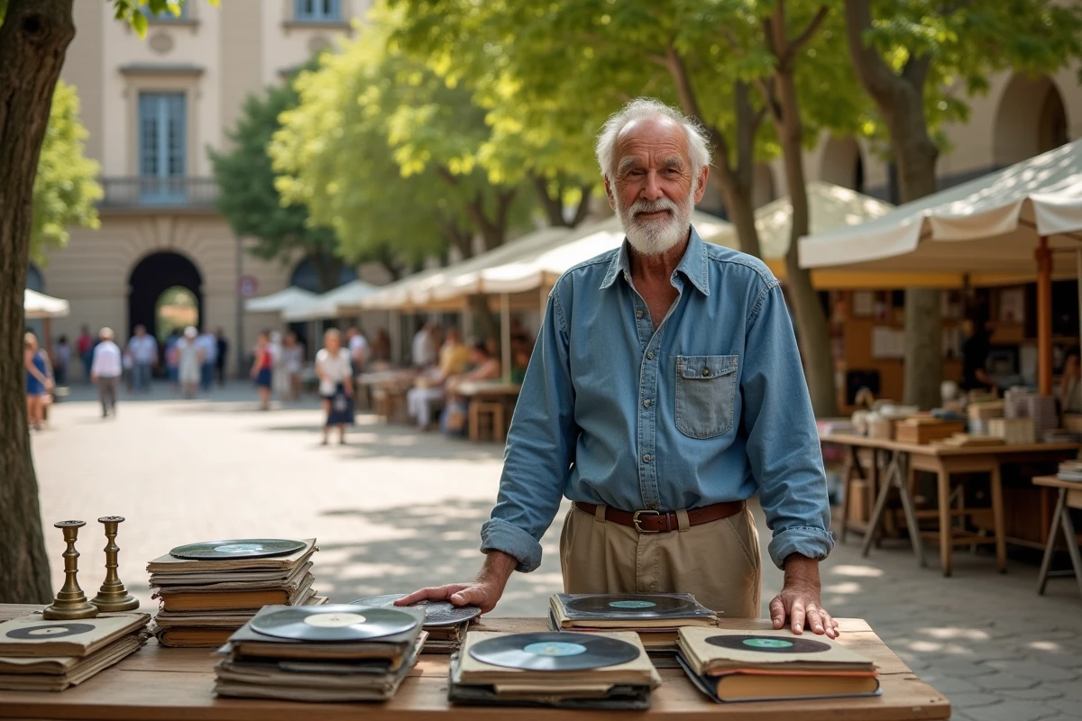 Vendeur de brocante proposant vinyles et objets anciens sur une place de Montpellier