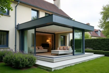 Véranda moderne en aluminium et verre de 40m2 accolée à une maison contemporaine avec jardin aménagé