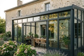 Véranda en aluminium et verre accolée à une maison en pierre, avec mobilier de jardin intérieur et plantes vertes, vue depuis le jardin