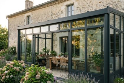 Véranda en aluminium et verre accolée à une maison en pierre, avec mobilier de jardin intérieur et plantes vertes, vue depuis le jardin
