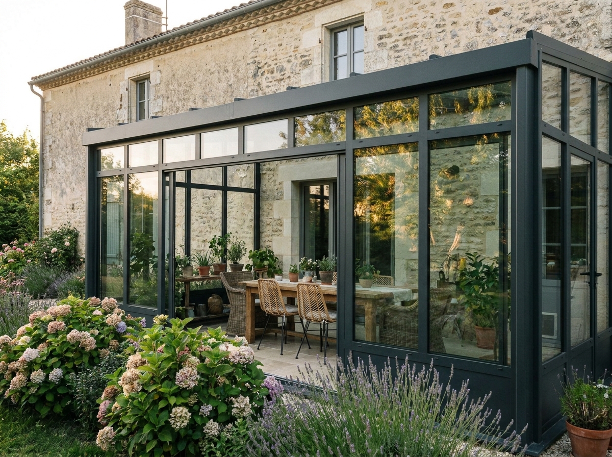 Véranda en aluminium et verre accolée à une maison en pierre, avec mobilier de jardin intérieur et plantes vertes, vue depuis le jardin