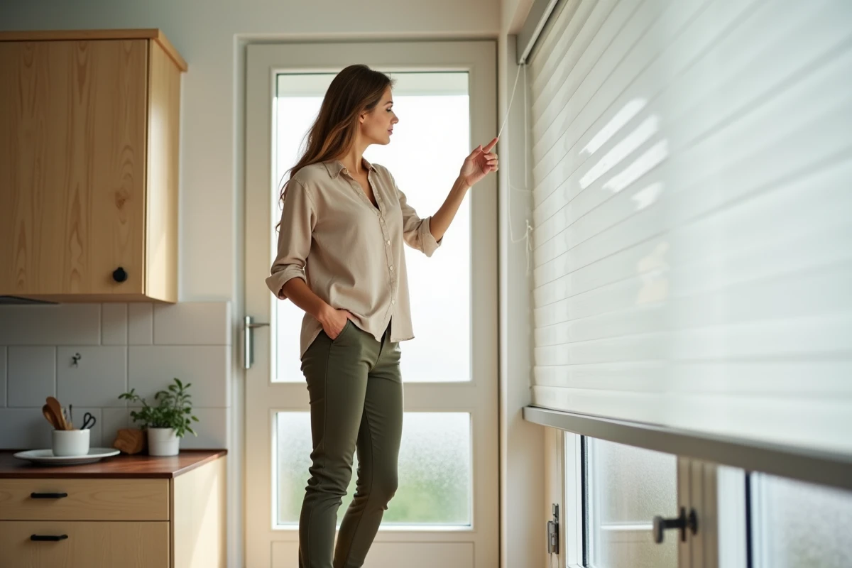 Femme vérifiant les rails latéraux d'un volet roulant coincé dans une cuisine moderne