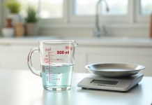 Verre mesure 500 ml sur plan de travail blanc