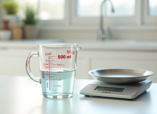 500 ml en grammes : comment faire la conversion facilement ? Verre mesure 500 ml sur plan de travail blanc