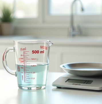Verre mesure 500 ml sur plan de travail blanc