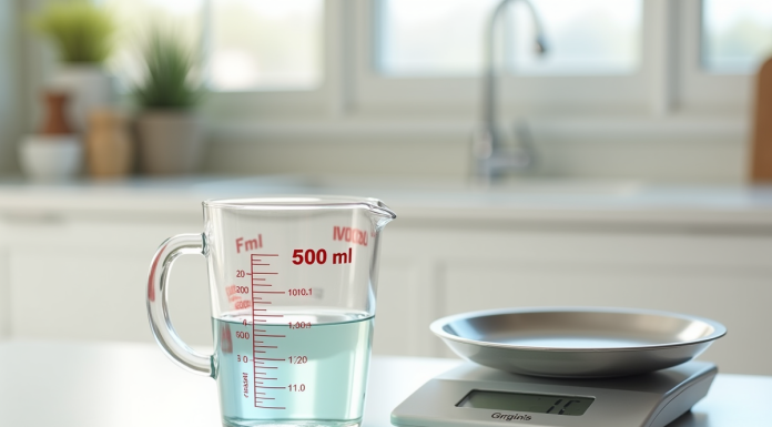 Verre mesure 500 ml sur plan de travail blanc