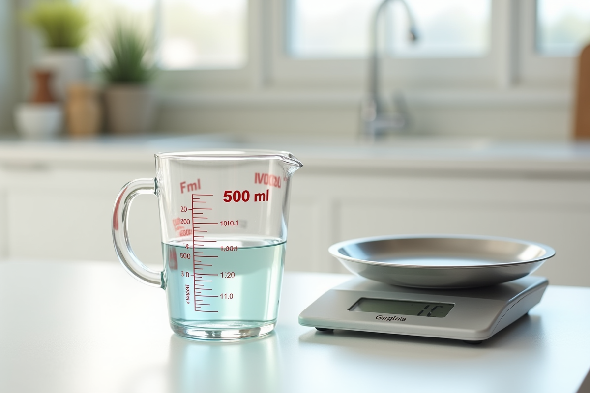 Verre mesure 500 ml sur plan de travail blanc