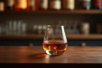 Verre à whisky japonais artisanal soufflé à la main posé sur un bar en bois de noyer avec un fond de bar maison flou