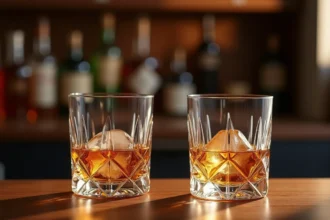 Deux verres en cristal à whisky posés sur un comptoir en bois sombre avec des glaçons sphériques, reflets élégants sur les facettes taillées