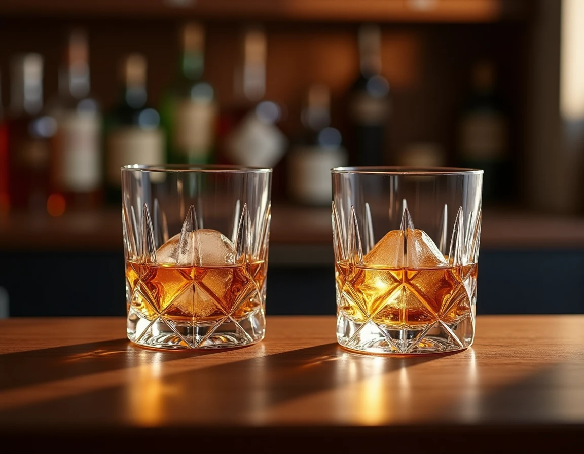 Deux verres en cristal à whisky posés sur un comptoir en bois sombre avec des glaçons sphériques, reflets élégants sur les facettes taillées