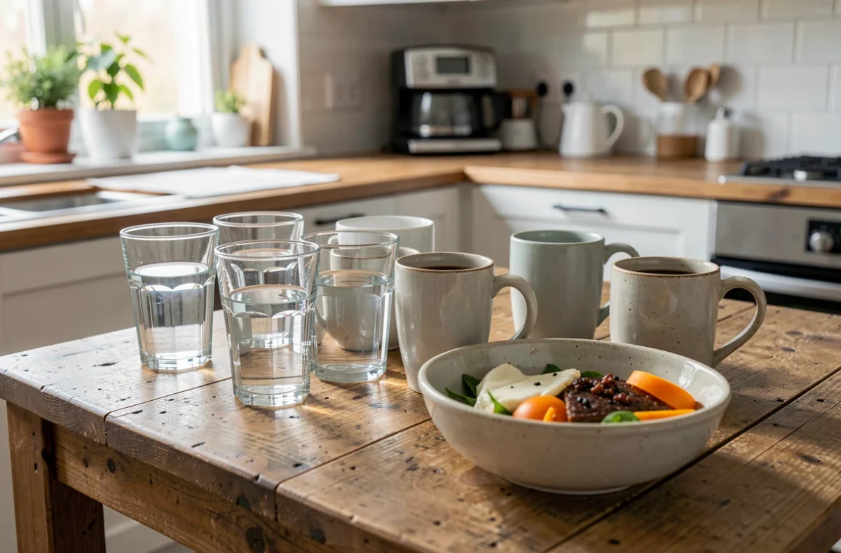 Verres, tasses et bols alignés sur une table de cuisine en bois