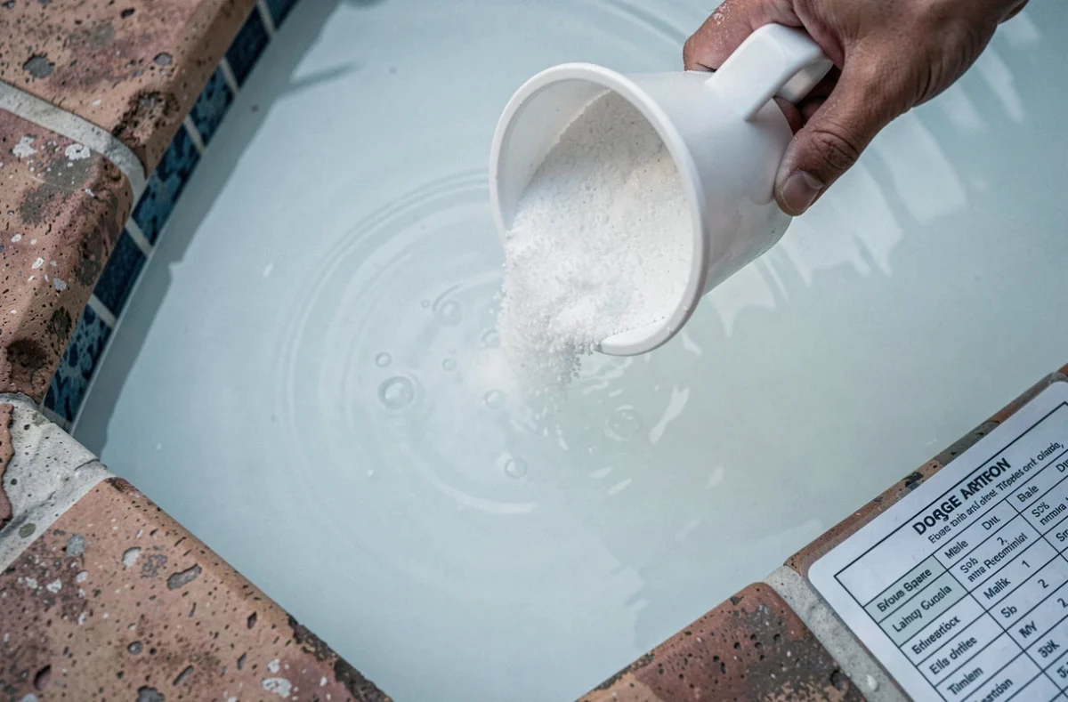 Versement de chlore choc granulé dans une piscine à l'eau laiteuse et trouble vue du dessus