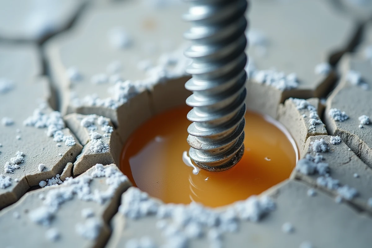 Gros plan sur une vis de rénovation ancrée dans du béton avec résine de scellement chimique