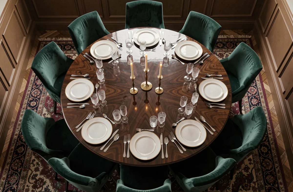 Vue aérienne d'une table ronde en noyer dressée pour 10 personnes dans une salle à manger classique avec vaisselle en porcelaine et chaises en velours vert